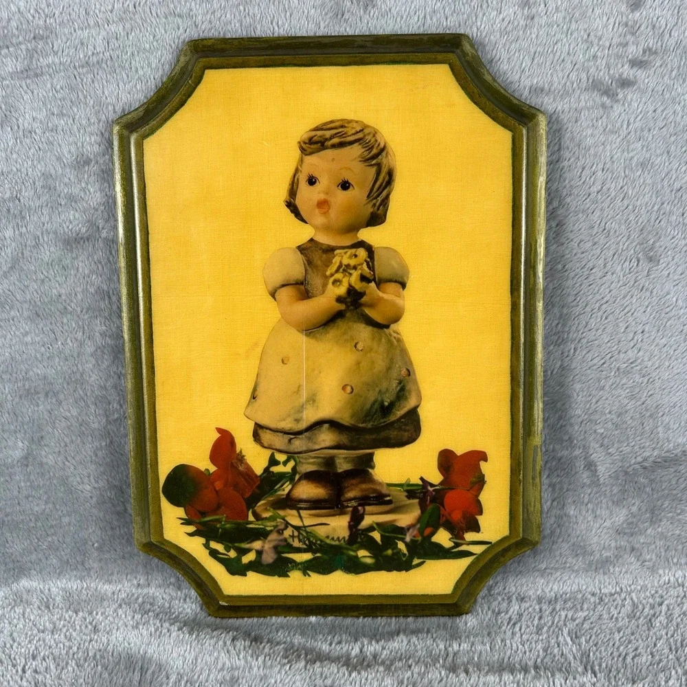 Vintage Hummel Style Wooden Wall Plaque Girl with Flowers 1974 Decor 11.5x8.25